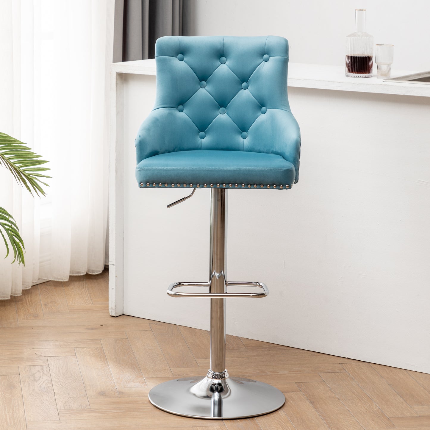 BTExpert Upholstered Dining Adjustable Seat, High Back Stool Bar Chair Teal Tufted Barstool