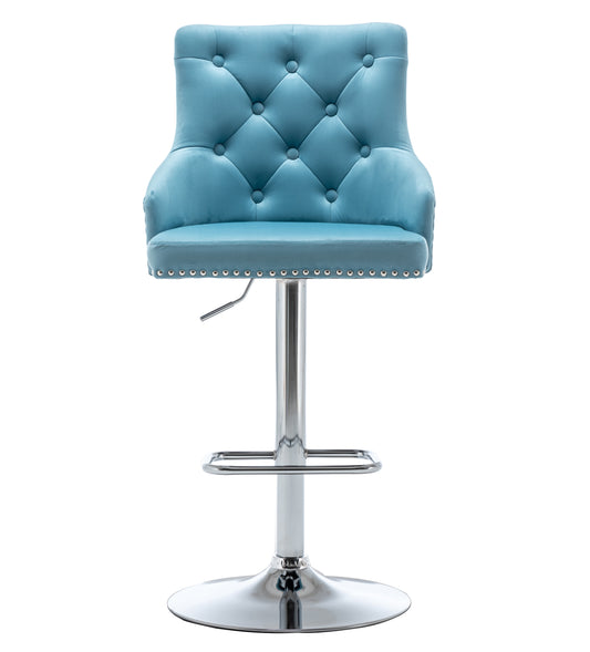 BTExpert Upholstered Dining Adjustable Seat, High Back Stool Bar Chair Teal Tufted Barstool - Set of 2