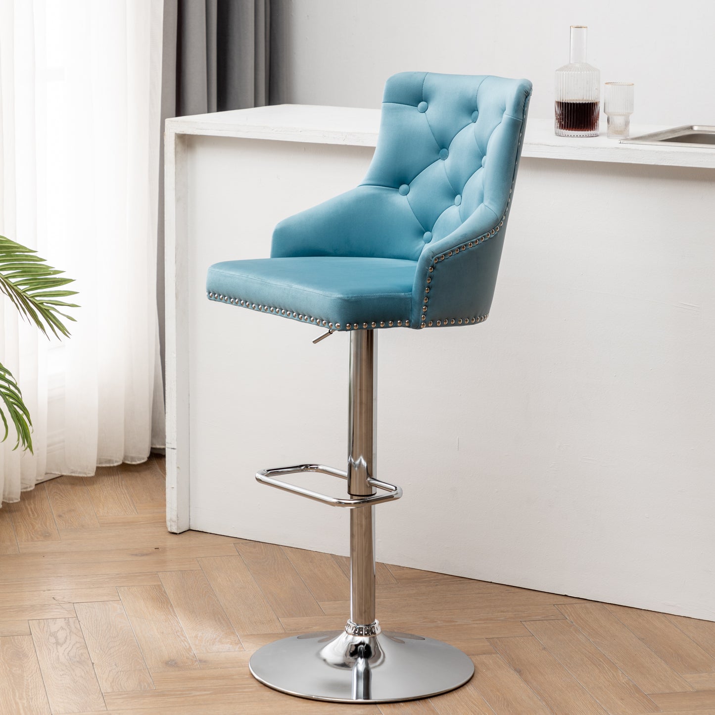 BTExpert Upholstered Dining Adjustable Seat, High Back Stool Bar Chair Teal Tufted Barstool
