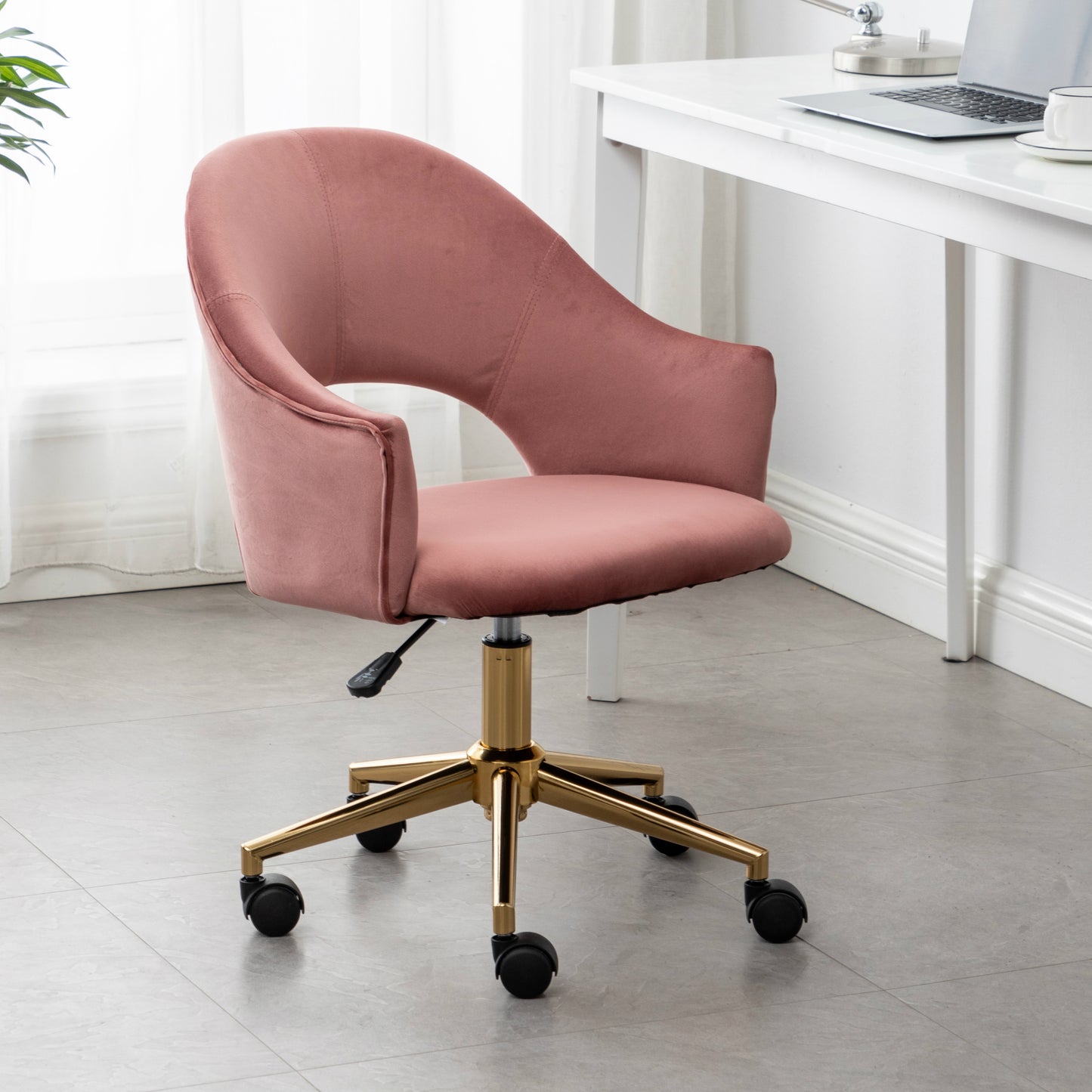 BTExpert Rose Gold Velvet Vanity Office Chair, Plush Elegant Design with Golden Frame
