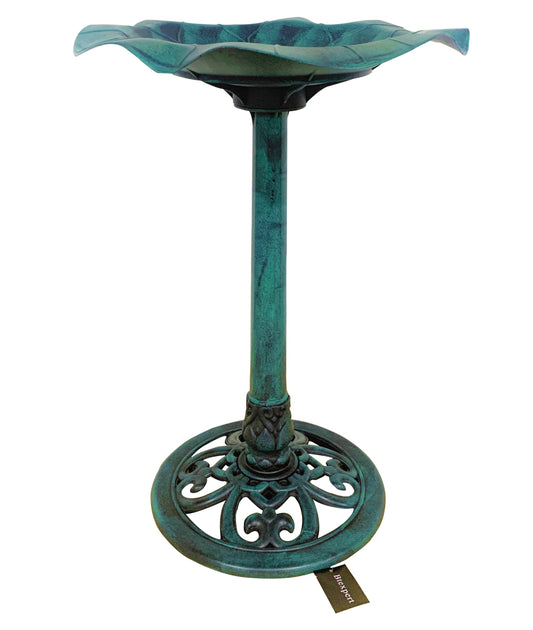 Verdigris Lily Leaf Pedestal Outdoor Garden Floral Bird Bath Decoration Accent
