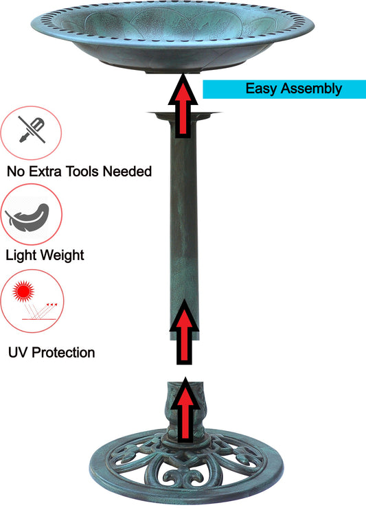 BTExpert Birdbath Green 28" Pedestal Antique Resin Outdoor Garden Décor with Fleur-de-lis Accents