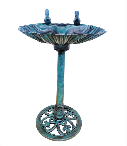 BTExpert Bronze 32" Pedestal Birdbath – Antique Resin Outdoor Garden Décor with Fleur-de-lis & Sparrow Statues