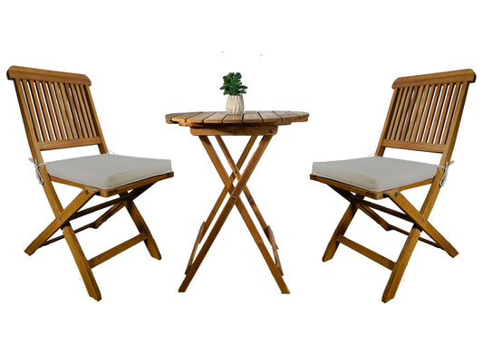 BTExpert Outdoor 3-Piece Folding Patio Bistro Set, Round Coffee Table & 2 Chairs with Tan Cushions