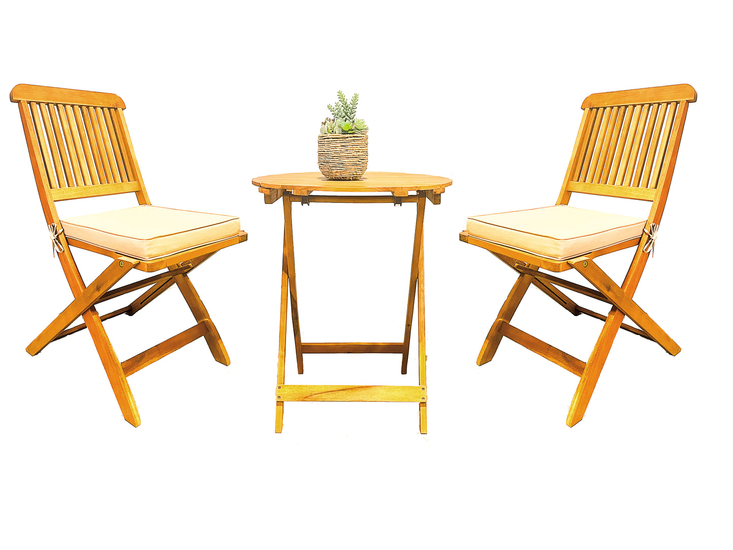 BTExpert Acacia Wood Folding Patio Chairs, Teak Finish with Tan Cushions, Fully Assembled for Garden Outdoor - Set of 4