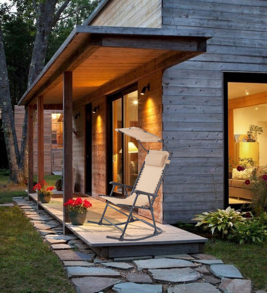 BTExpert Zero Gravity Outdoor Rocking Chair with Canopy, Headrest & Armrests, Beige
