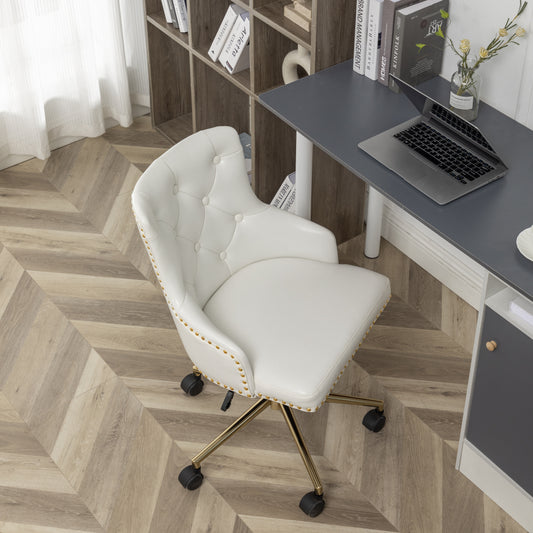 BTExpert Adjustable PU Leather White Tufted Leisure Chrome Nail Head Trim Upholstery Home Office Chair