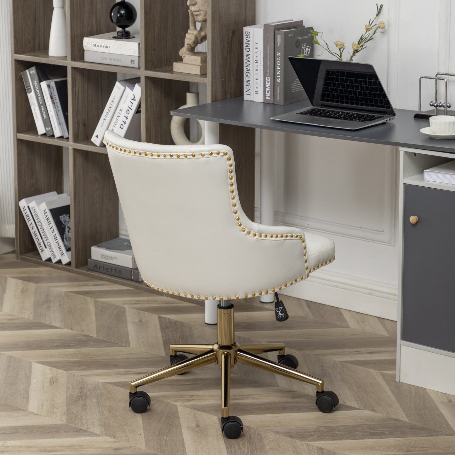 BTExpert Adjustable PU Leather White Tufted Leisure Chrome Nail Head Trim Upholstery Home Office Chair