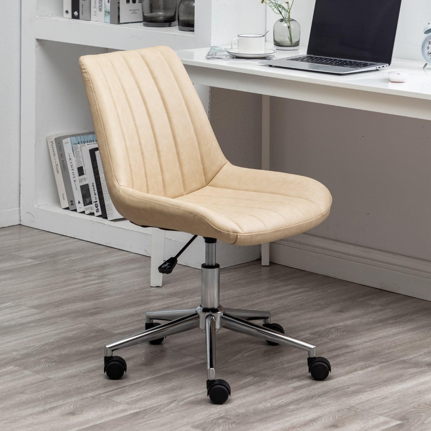 Home Office Desk Faux Leather Adjustable Beige Leisure Chrome Base Swivel Chair