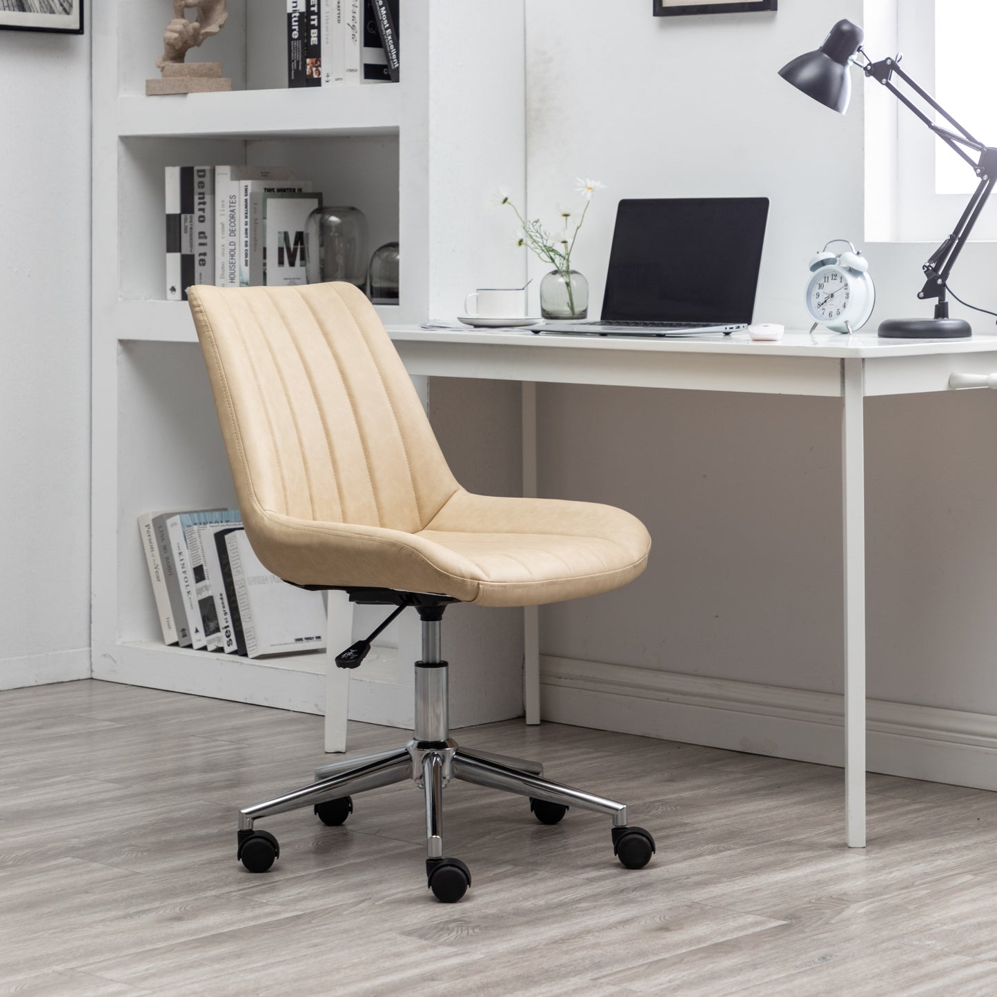 Home Office Desk Faux Leather Adjustable Beige Leisure Chrome Base Swivel Chair