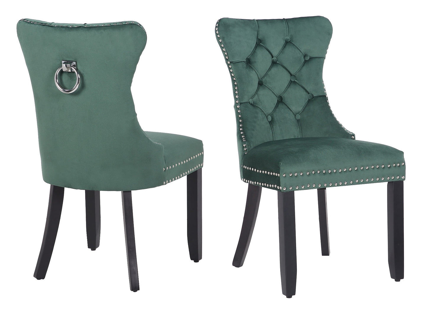 BTExpert Green High Back Velvet Tufted Upholstered Dining Chairs, Solid Wood, Nail Trim, Ring Accent - Set of 2