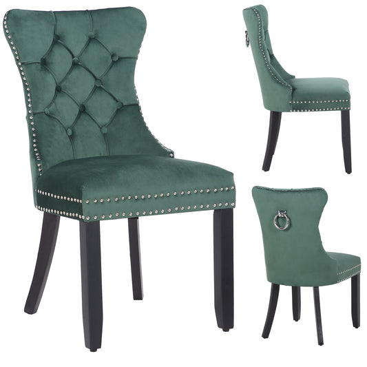 BTExpert Green High Back Velvet Tufted Upholstered Dining Chairs, Solid Wood, Nail Trim, Ring Accent - Set of 2