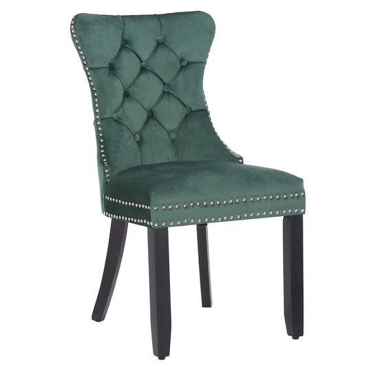 BTExpert Green High Back Velvet Tufted Upholstered Dining Chairs, Solid Wood, Nail Trim, Ring Accent - Set of 2