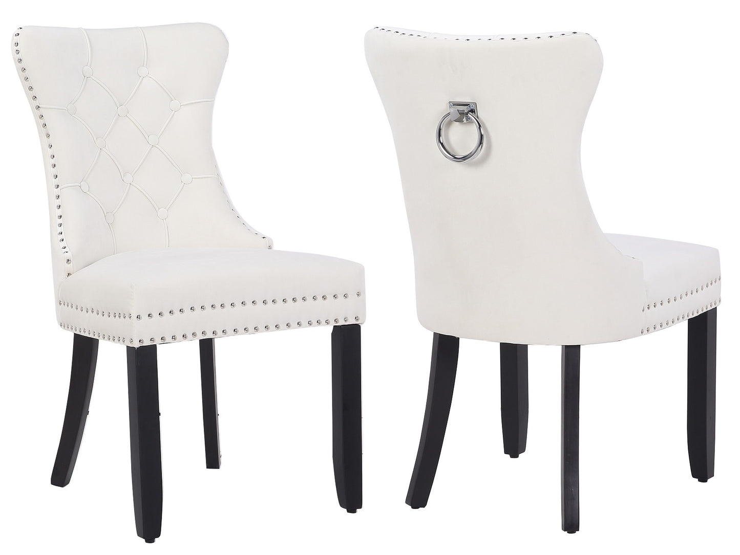 BTExpert White High Back Velvet Tufted Upholstered Dining Chairs, Solid Wood, Nail Trim, Ring Accent - Set of 2