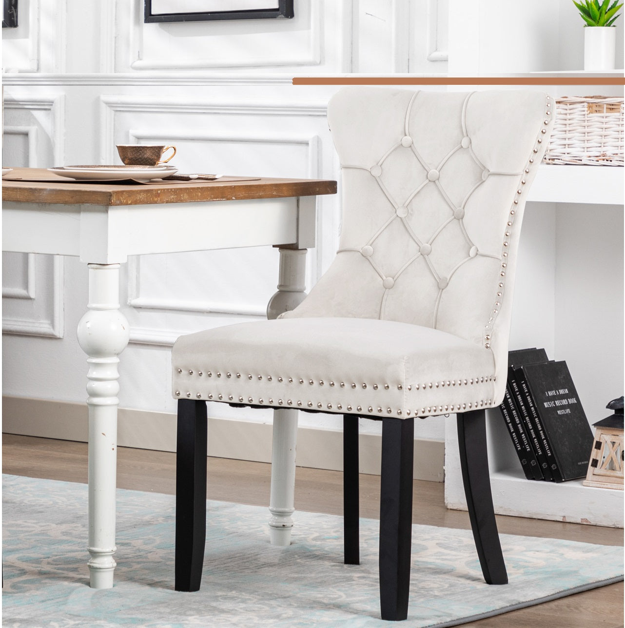 BTExpert White High Back Velvet Tufted Upholstery, Solid Wood Nail Trim, Ring Dining Chair