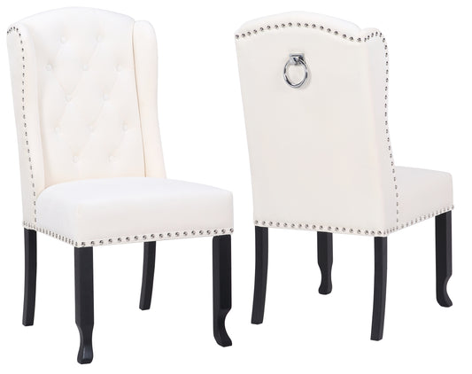 BTExpert White Velvet High Back Tufted Upholstered Solid Wood Accent Nail Trim Ring Living Room Side Kitchen Dining Chair - Set of 2