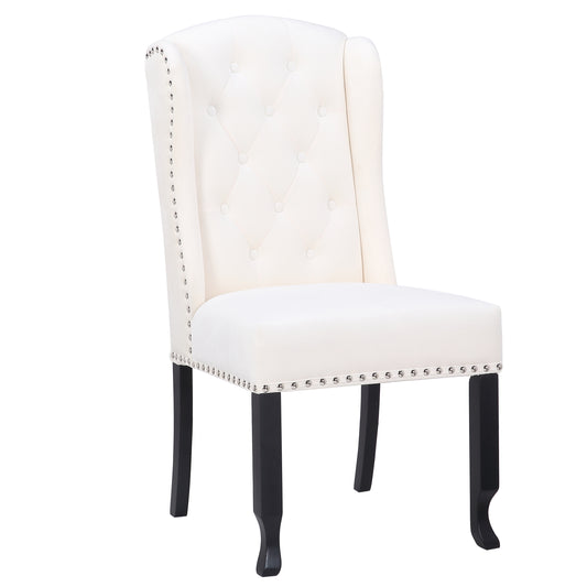 BTExpert White Velvet High Back Tufted Upholstered Solid Wood Nail Trim Ring Dining Chair