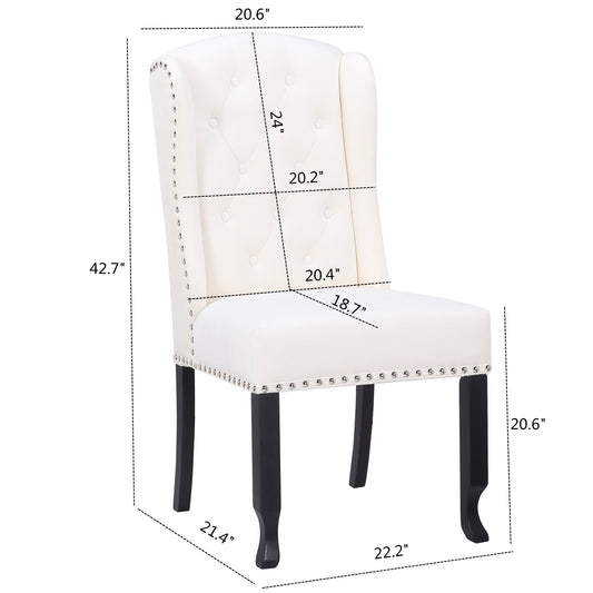 BTExpert White Velvet High Back Tufted Upholstered Solid Wood Accent Nail Trim Ring Living Room Side Kitchen Dining Chair - Set of 2