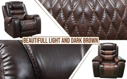 BTExpert Power Motion Recliner Chair with USB, Electric Recliner, Two-Tone Brown Top Grain Leather
