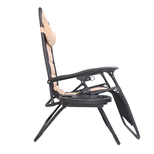 BTExpert Oversized Padded Zero Gravity Recliner Chair, Folding, Outdoor Patio, Tan, with Utility Tray & Cup Holder