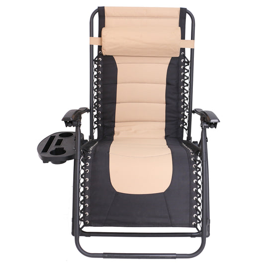 BTExpert Oversized Padded Zero Gravity Recliner Chair, Folding, Outdoor Patio, Tan, with Utility Tray & Cup Holder