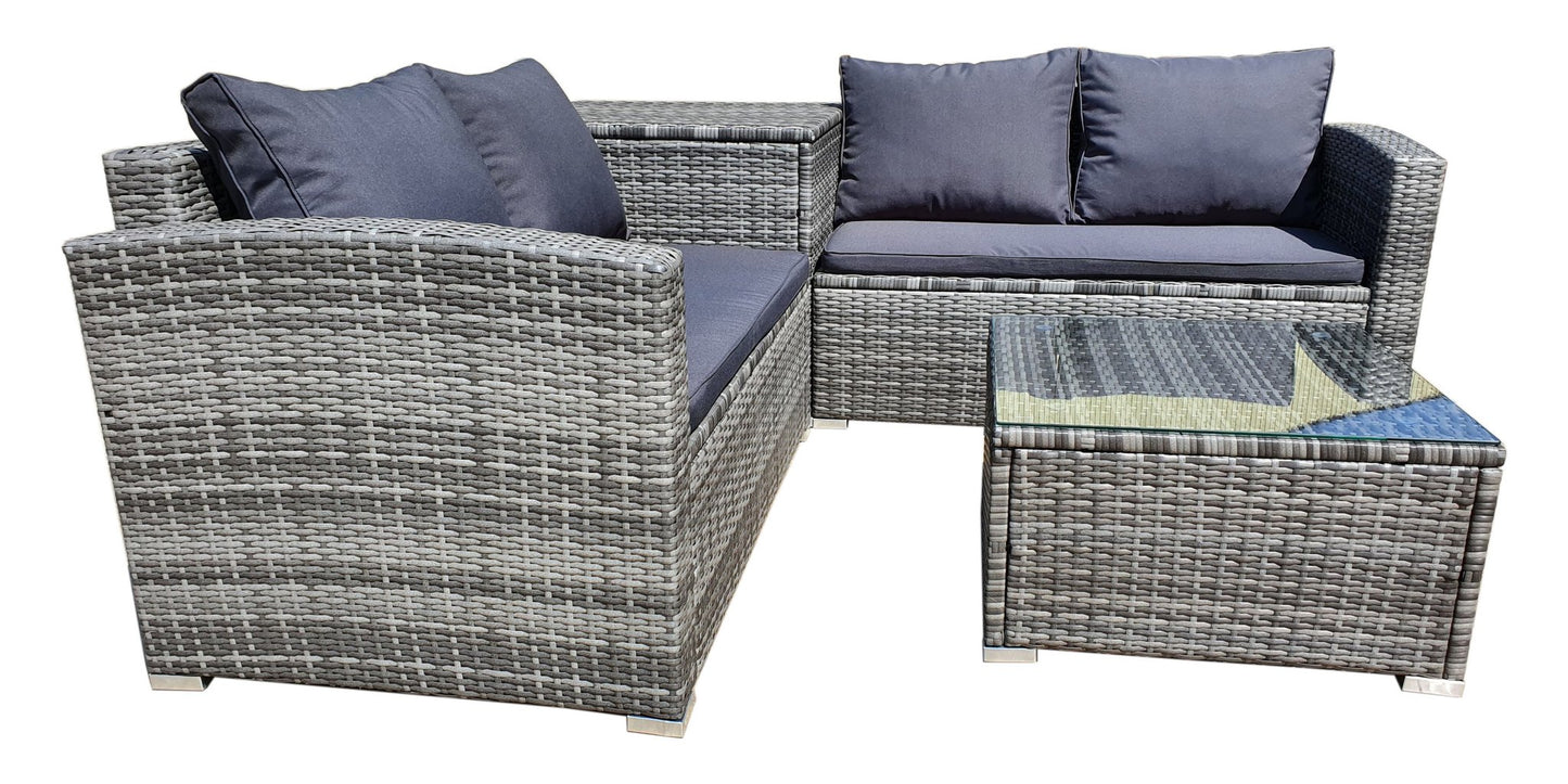 BTExpert 4-Piece Outdoor Sectional Sofa Set, Rattan Patio Storage Table & Cushions, Poolside Wicker Furniture, Summer Grey