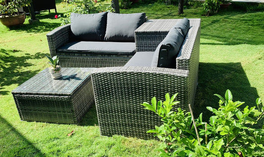 BTExpert 4-Piece Outdoor Sectional Sofa Set, Rattan Patio Storage Table & Cushions, Poolside Wicker Furniture, Summer Grey