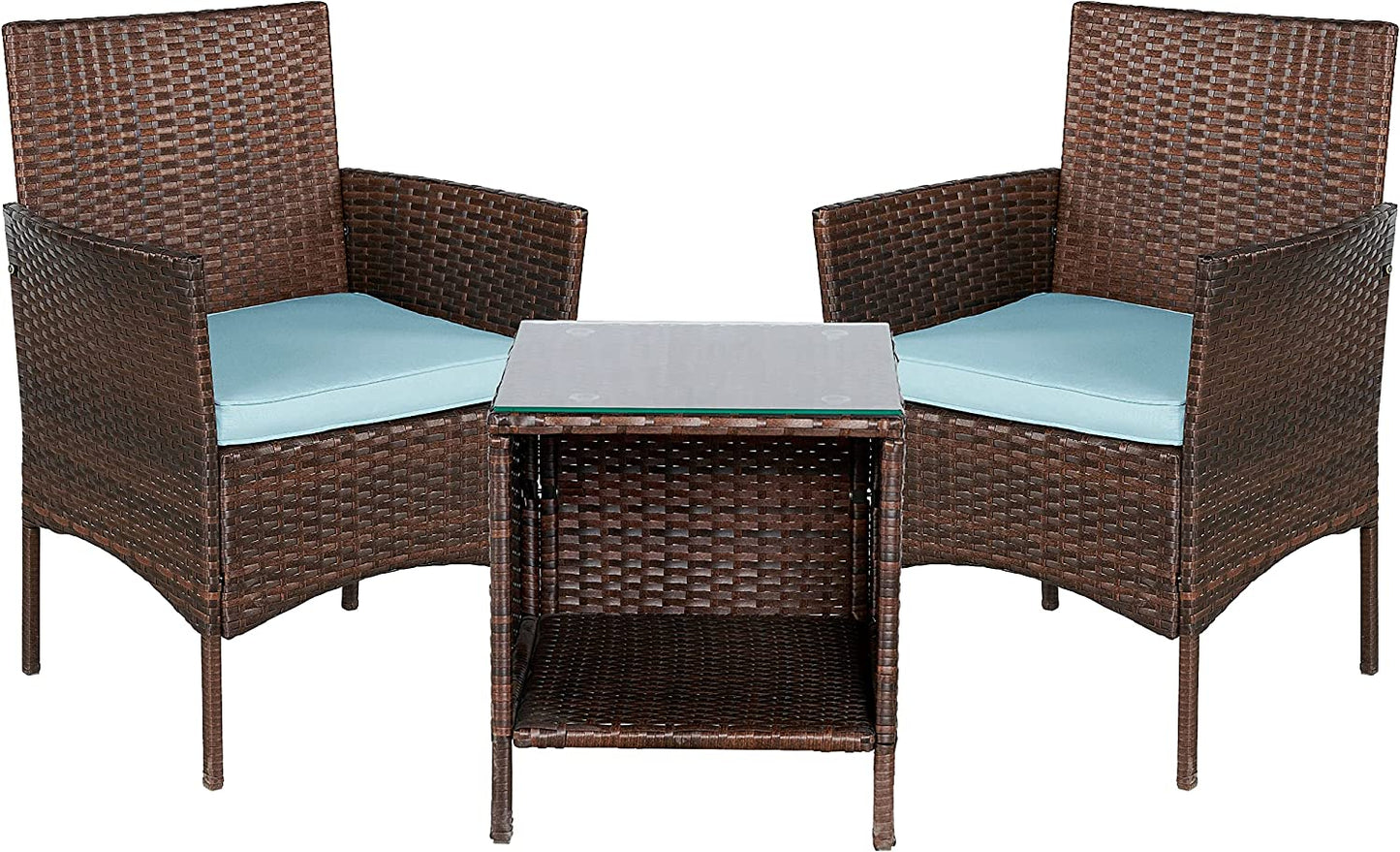 Outdoor 3-Piece Conversation Set (Aqua/Dark Brown) PE Rattan Patio Wicker Chairs with Tempered Glass Table