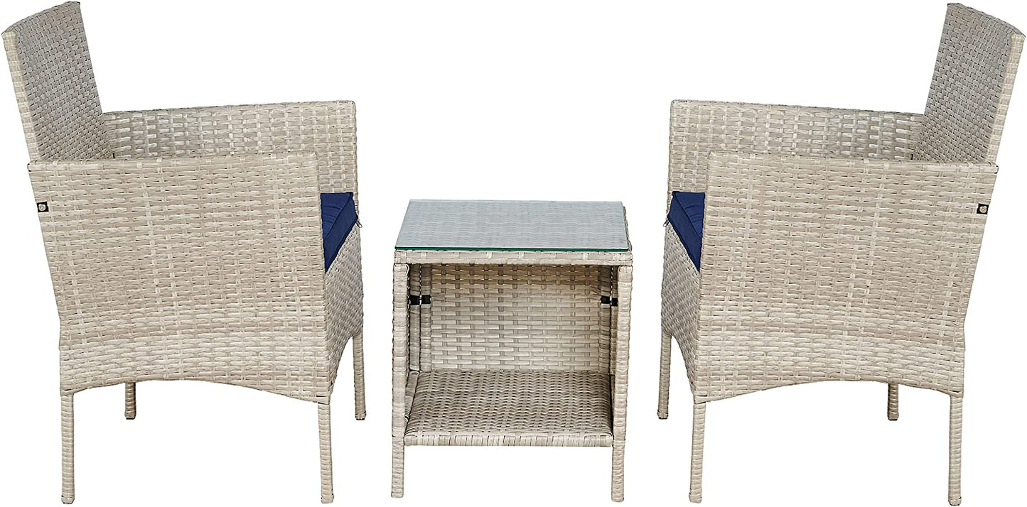 Outdoor 3-Piece Conversation Set (Tan/Navy Blue) PE Rattan Wicker Chairs with Tempered Glass Table