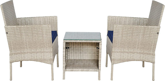 Outdoor 3-Piece Conversation Set (Tan/Navy Blue) PE Rattan Wicker Chairs with Tempered Glass Table