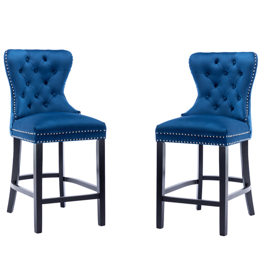 BTExpert Blue Velvet Farmhouse Bar Stools, 26" High Tufted Wingback, Wooden Legs Home Dining Room Island - Set of 2