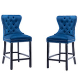 BTExpert Blue Velvet Farmhouse Bar Stools, 26" High Tufted Wingback, Wooden Legs Home Dining Room Island - Set of 2