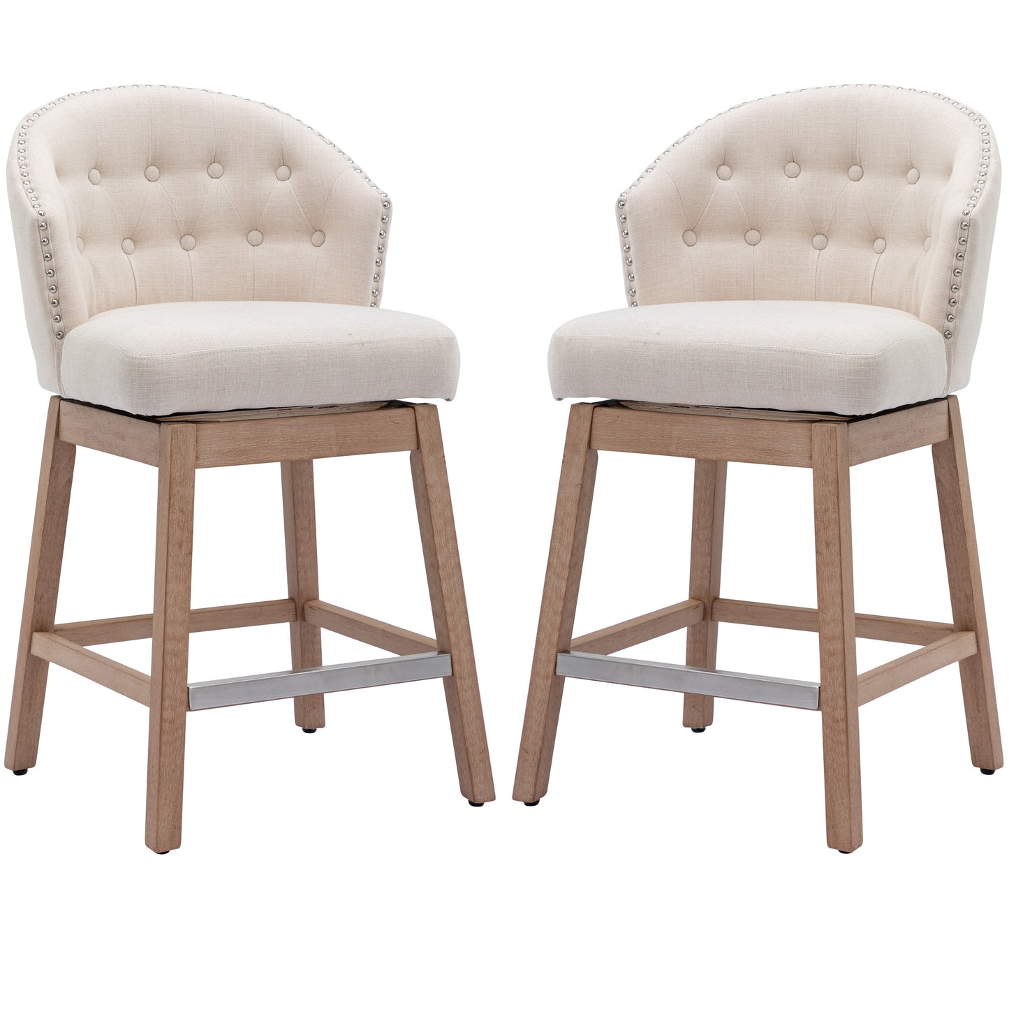 BTExpert 26" Beige Linen Wingback Bar Stools, Diamond Tufted, Padded Seat, Solid Wood Legs - Set of 2
