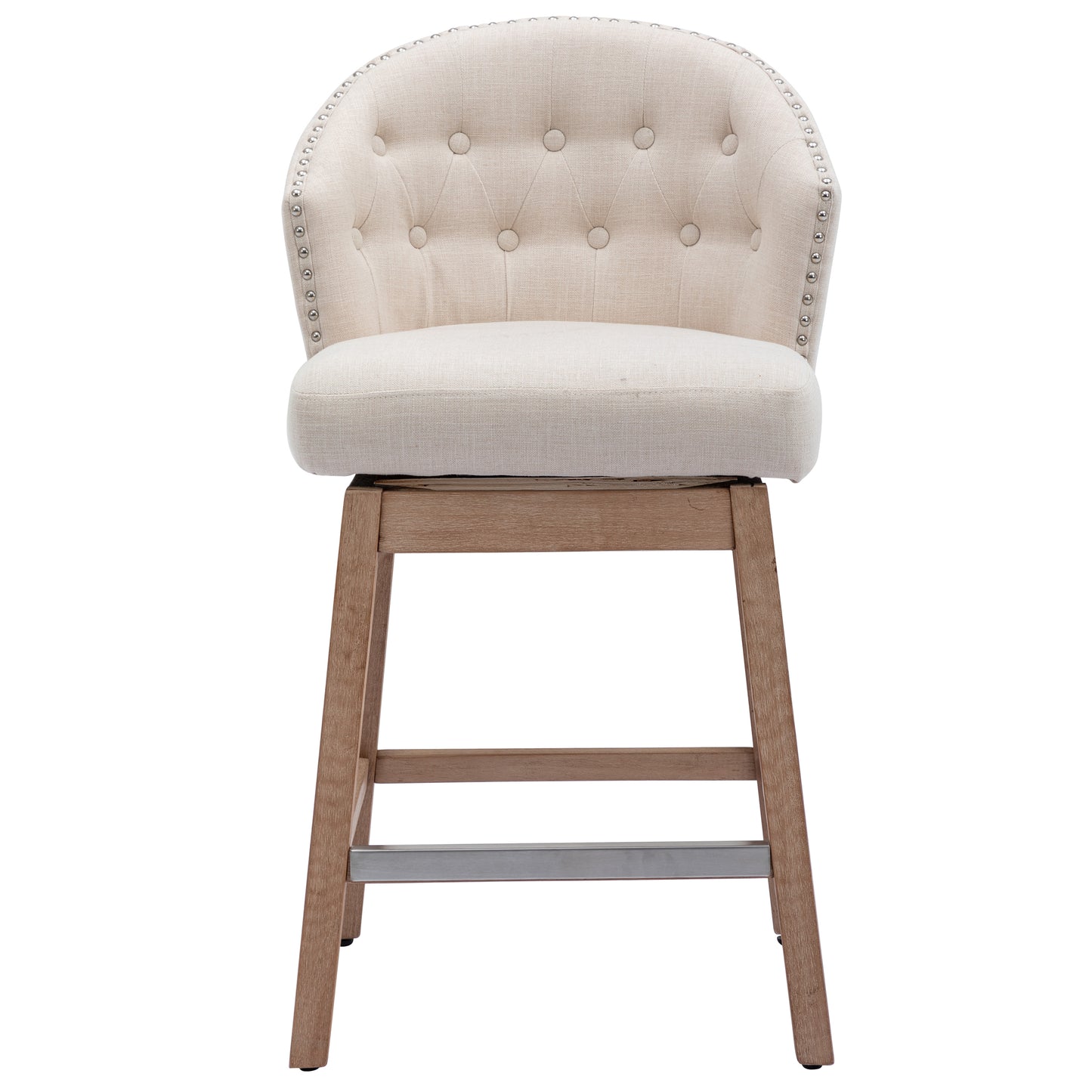 BTExpert 26" Beige Linen Wingback Bar Stools, Diamond Tufted, Padded Seat, Solid Wood Legs - Set of 2