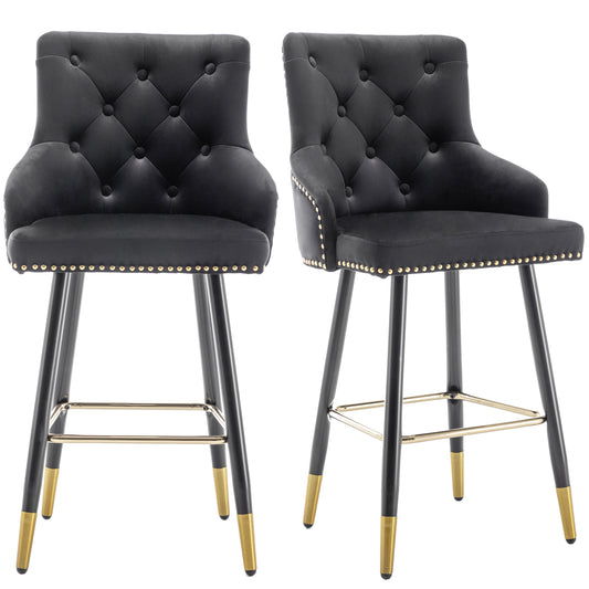 BTExpert 25" Black Velvet Tufted Bar Chairs, Gold Nailhead Trim - Set of 2