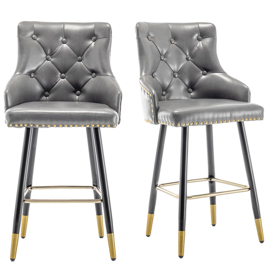 BTExpert 26" High Back Gray PU Leather Tufted Bar Chairs with Gold Nailhead Trim - Set of 2