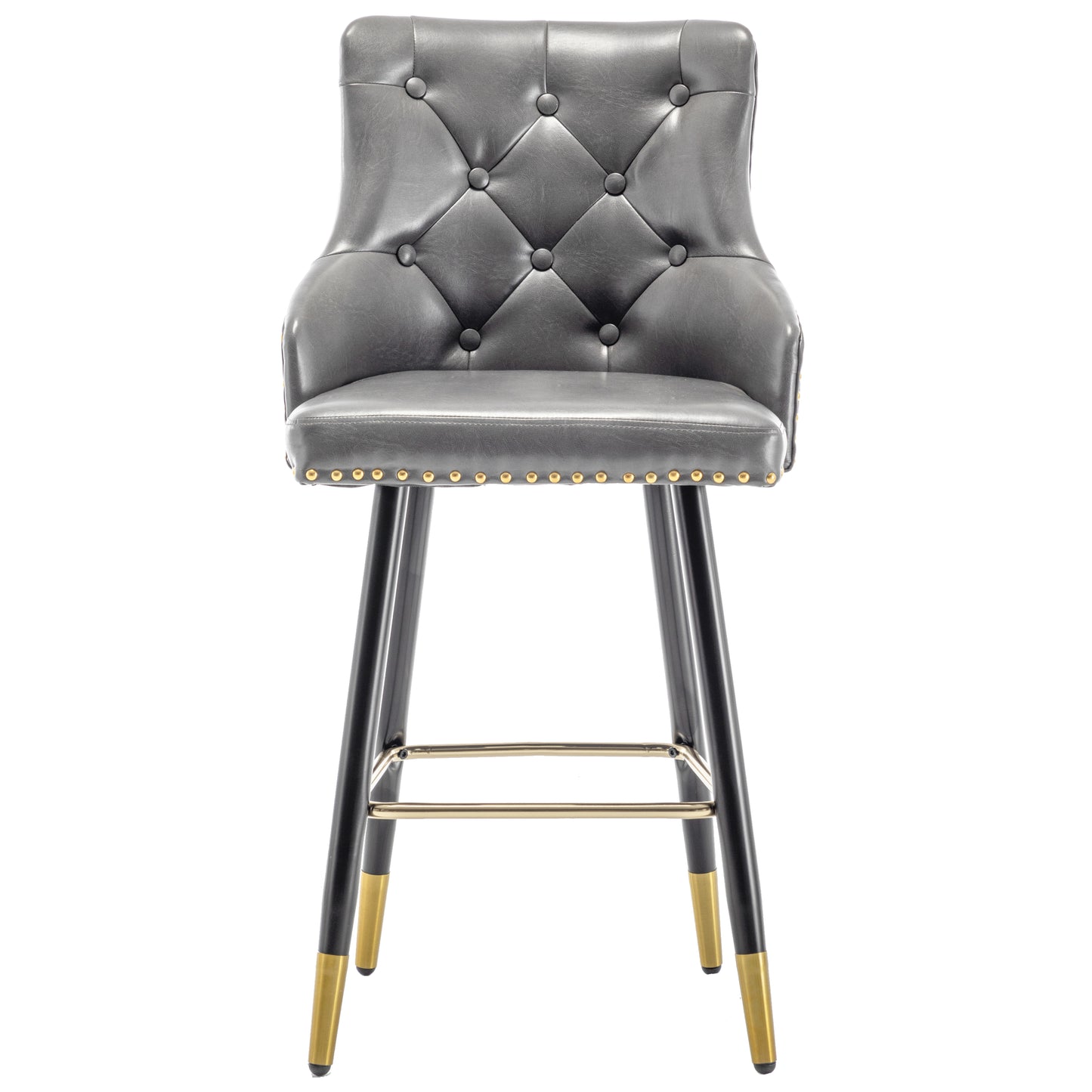 BTExpert 26" High Back Gray PU Leather Tufted Bar Chairs with Gold Nailhead Trim - Set of 2