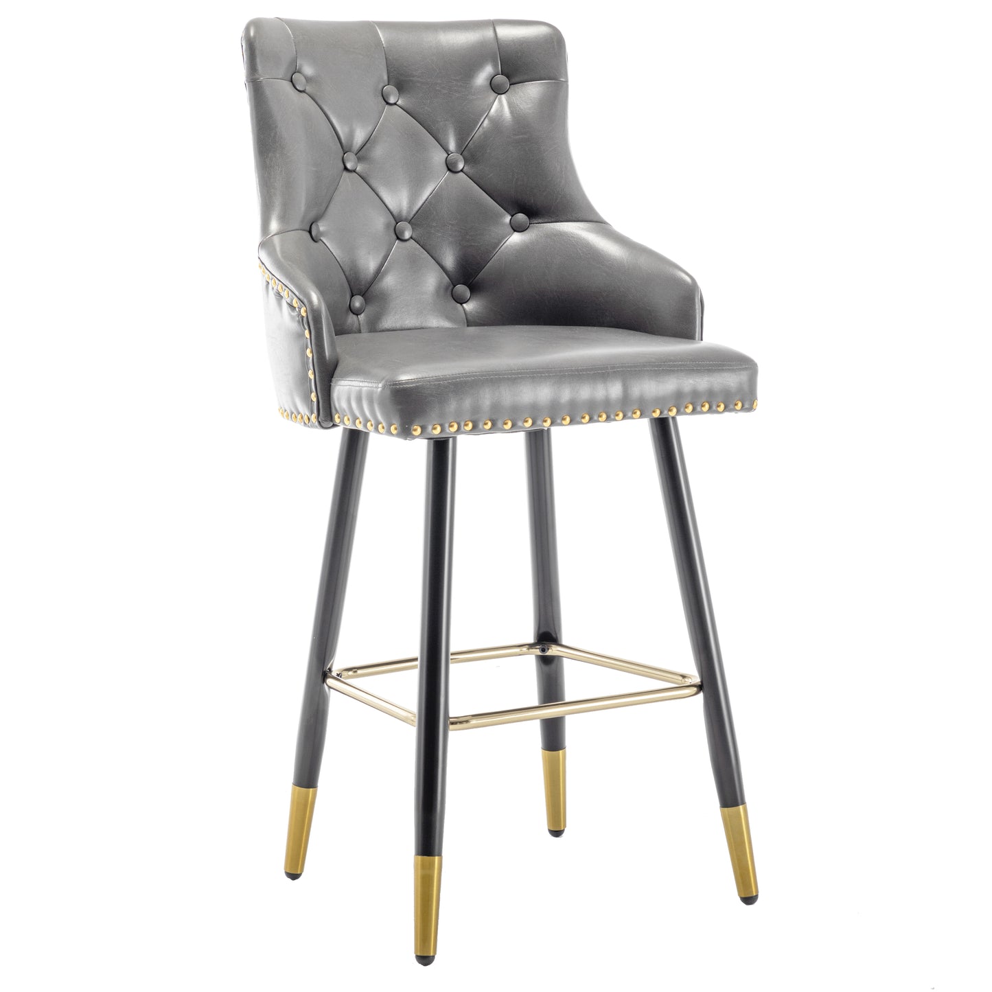 BTExpert 26" High Back Gray PU Leather Tufted Bar Chairs with Gold Nailhead Trim - Set of 2