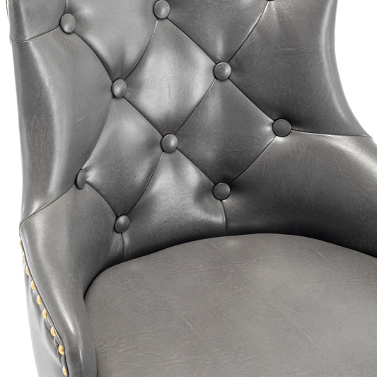 BTExpert 26" High Back Gray PU Leather Tufted Bar Chairs with Gold Nailhead Trim - Set of 2