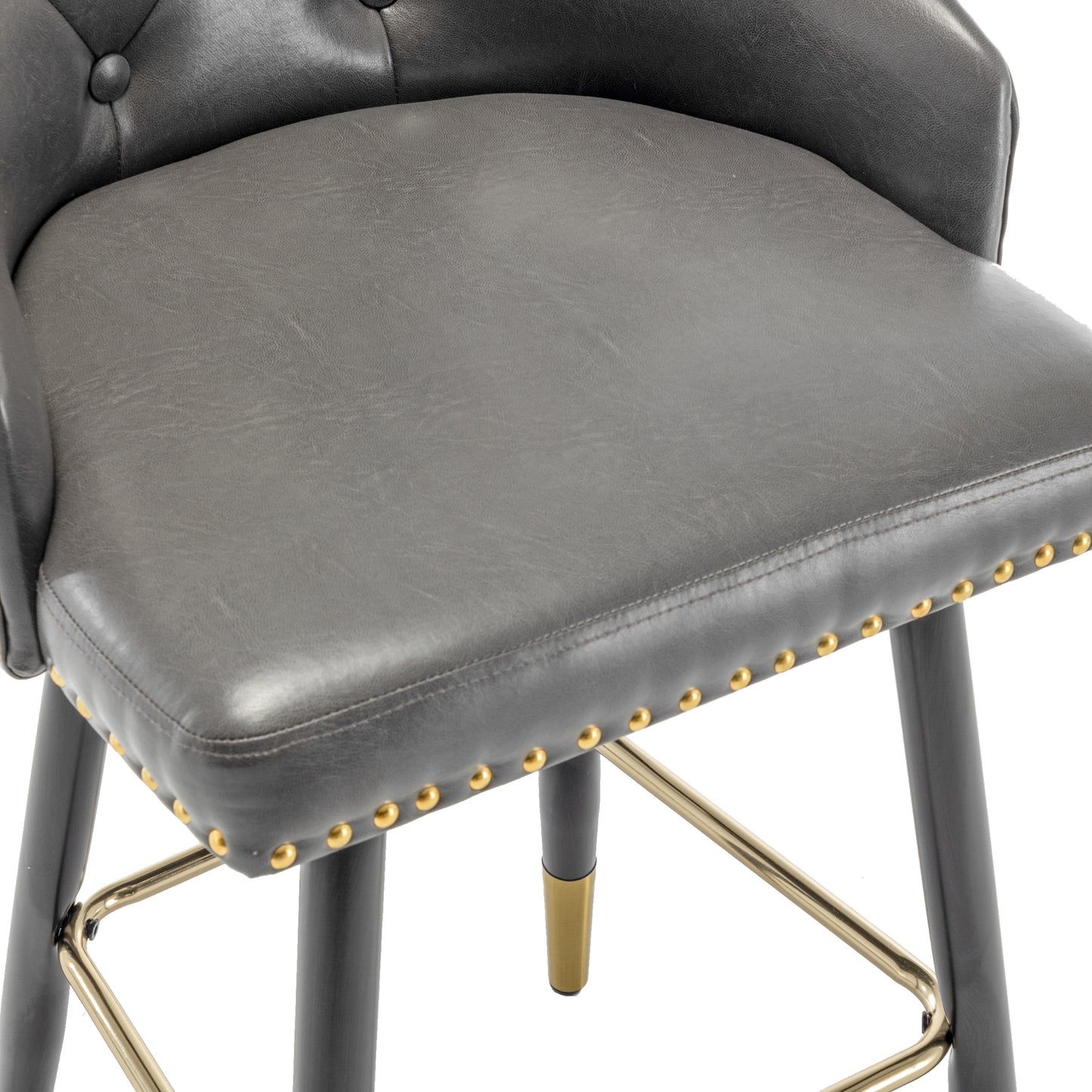 BTExpert 26" High Back Gray PU Leather Tufted Bar Chairs with Gold Nailhead Trim - Set of 2