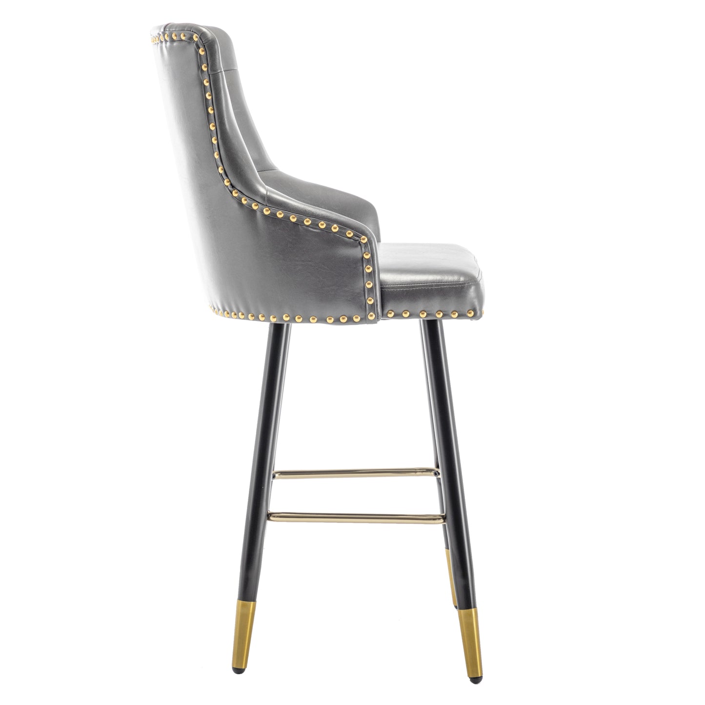 BTExpert 26" High Back Gray PU Leather Tufted Bar Chairs with Gold Nailhead Trim - Set of 2