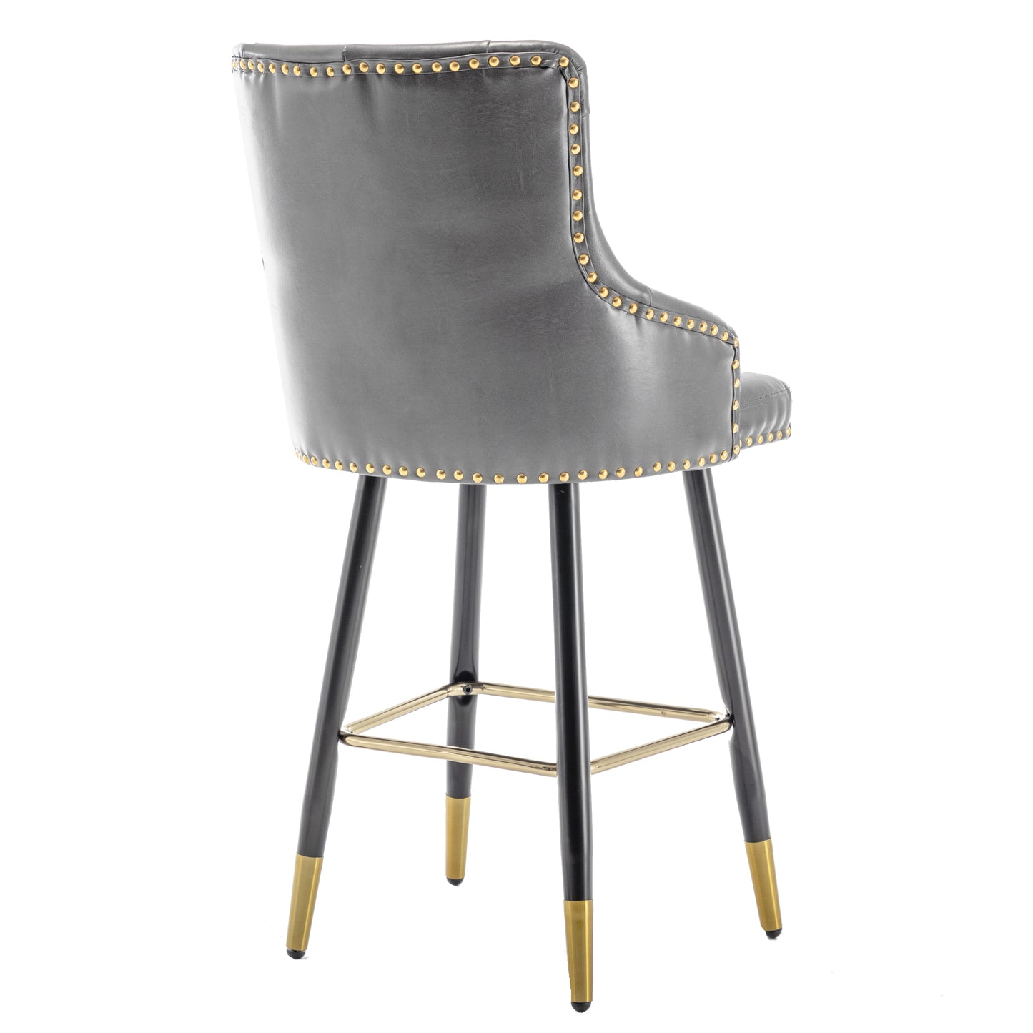 BTExpert 26" High Back Gray PU Leather Tufted Bar Chairs with Gold Nailhead Trim - Set of 2