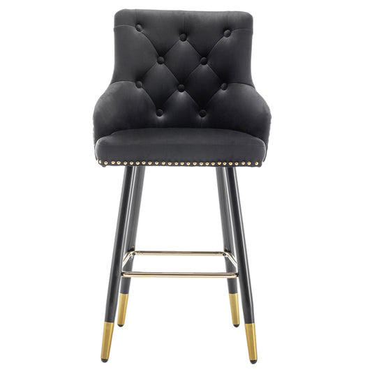 BTExpert 25" Black Velvet Tufted Bar Chairs, Gold Nailhead Trim - Set of 2