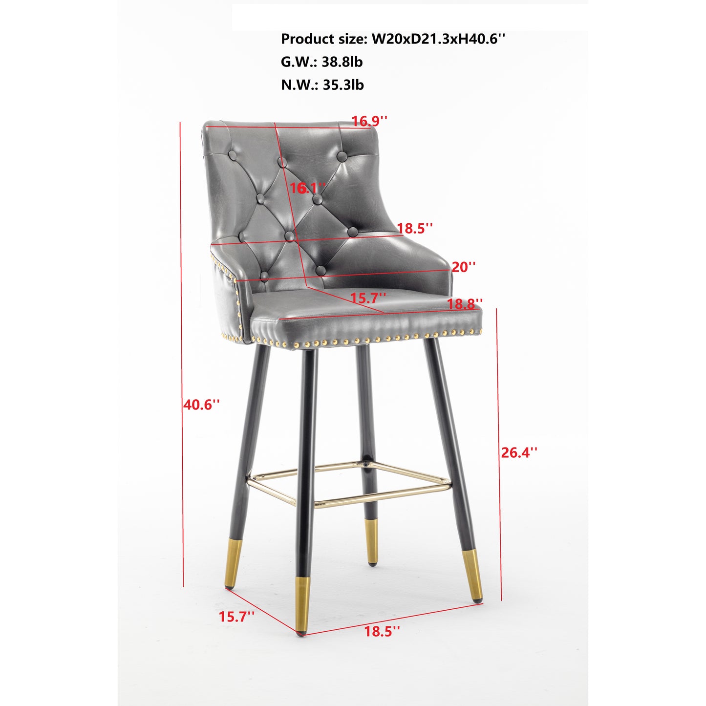 BTExpert 26" High Back Gray PU Leather Tufted Bar Chairs with Gold Nailhead Trim - Set of 2