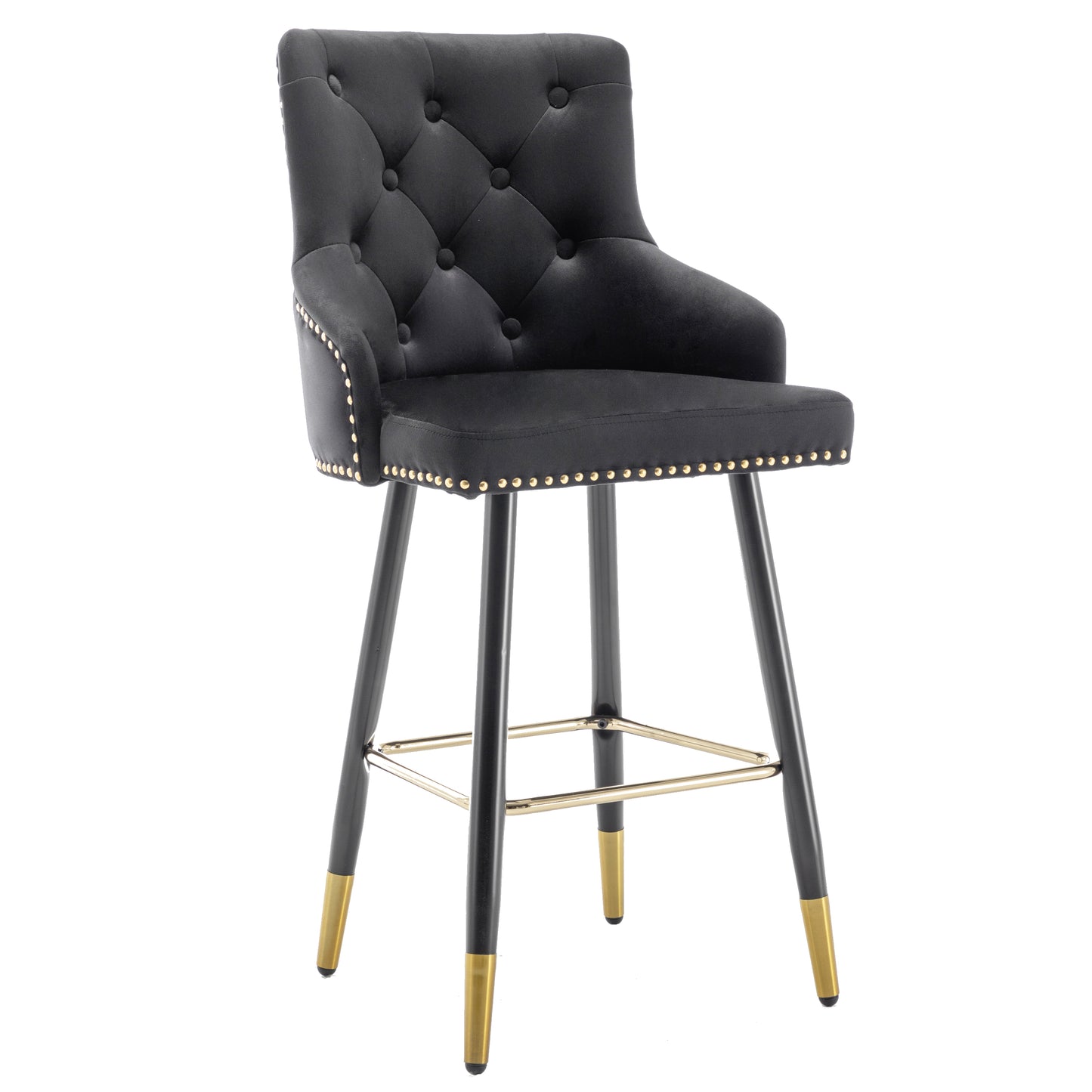 BTExpert 25" Black Velvet Tufted Bar Chairs, Gold Nailhead Trim - Set of 2