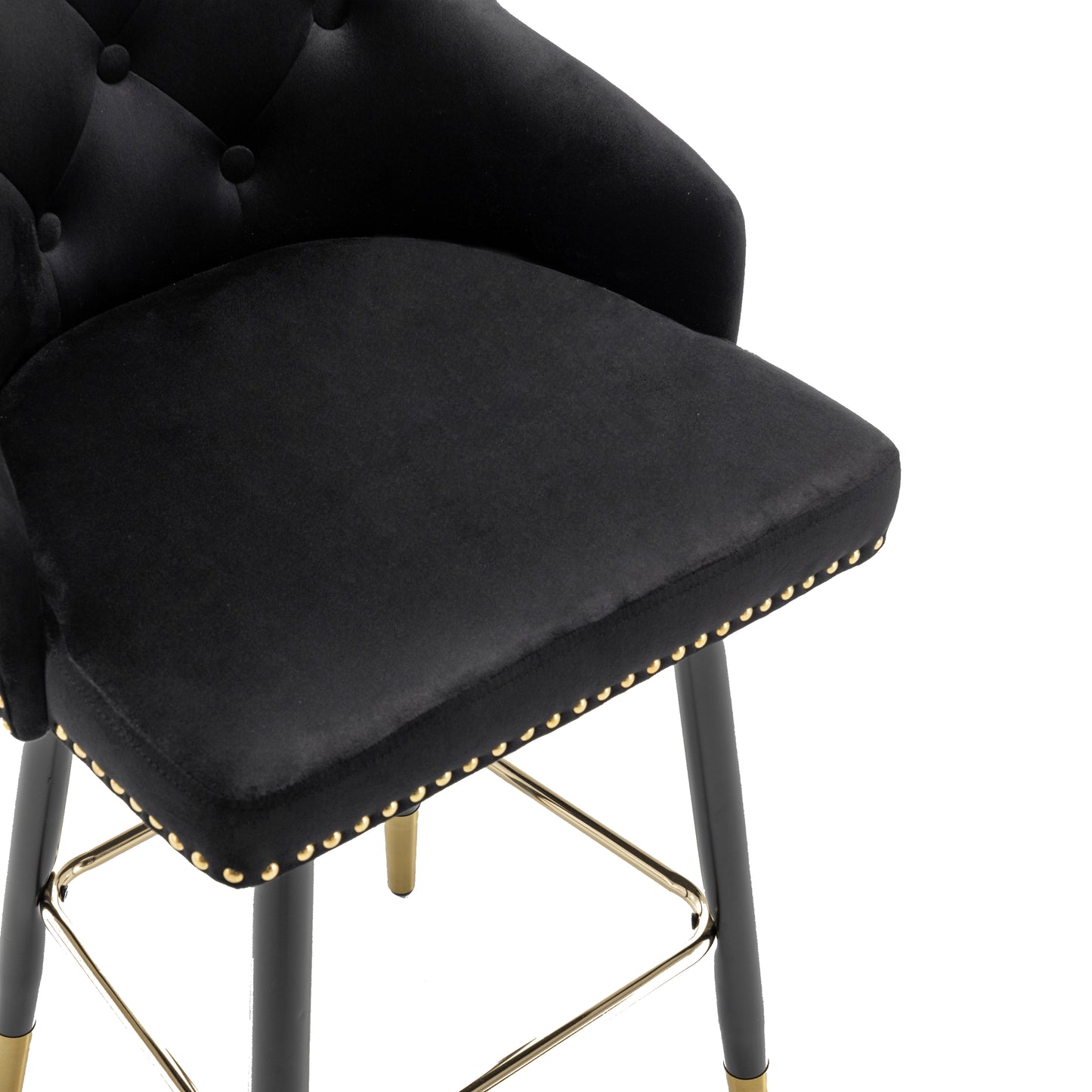 BTExpert 25" Black Velvet Tufted Bar Chairs, Gold Nailhead Trim - Set of 2
