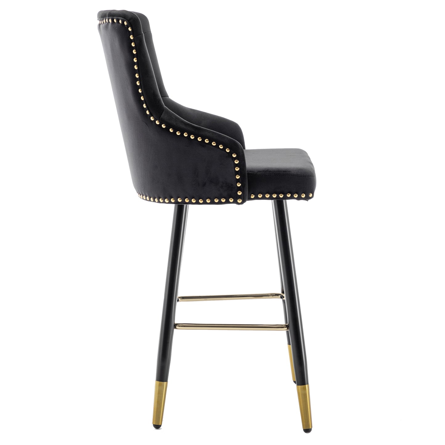 BTExpert 25" Black Velvet Tufted Bar Chairs, Gold Nailhead Trim - Set of 2