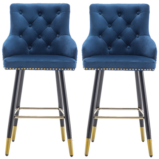 BTExpert 25" High Back Blue Velvet Tufted Bar Chairs with Gold Nailhead Trim - Set of 2