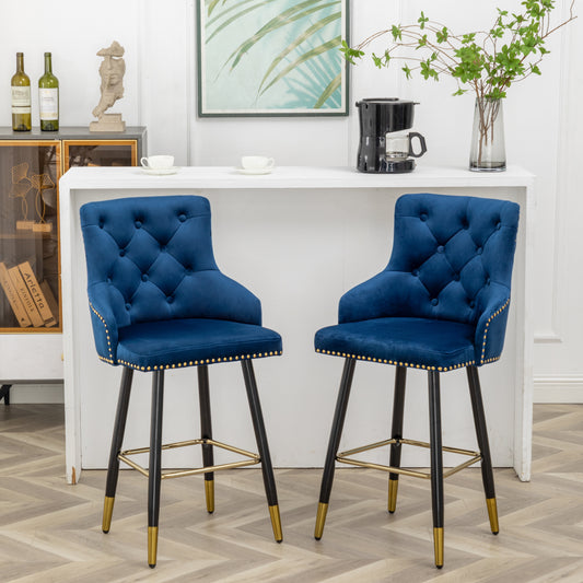 BTEXPERT Premium upholstered Dining 25" High Back Stool Bar Chairs, Blue Velvet Tufted Gold Nail Head Trim One