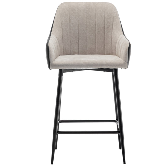 BTExpert Earth Tone Premium 24" High Back Dining Bar Stools, Beige Linen & Black PU Leather - Set of 2